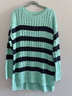 Striped Mint and Navy Cable Knit hi-low Sweater. PTP 22”. Length 31/34